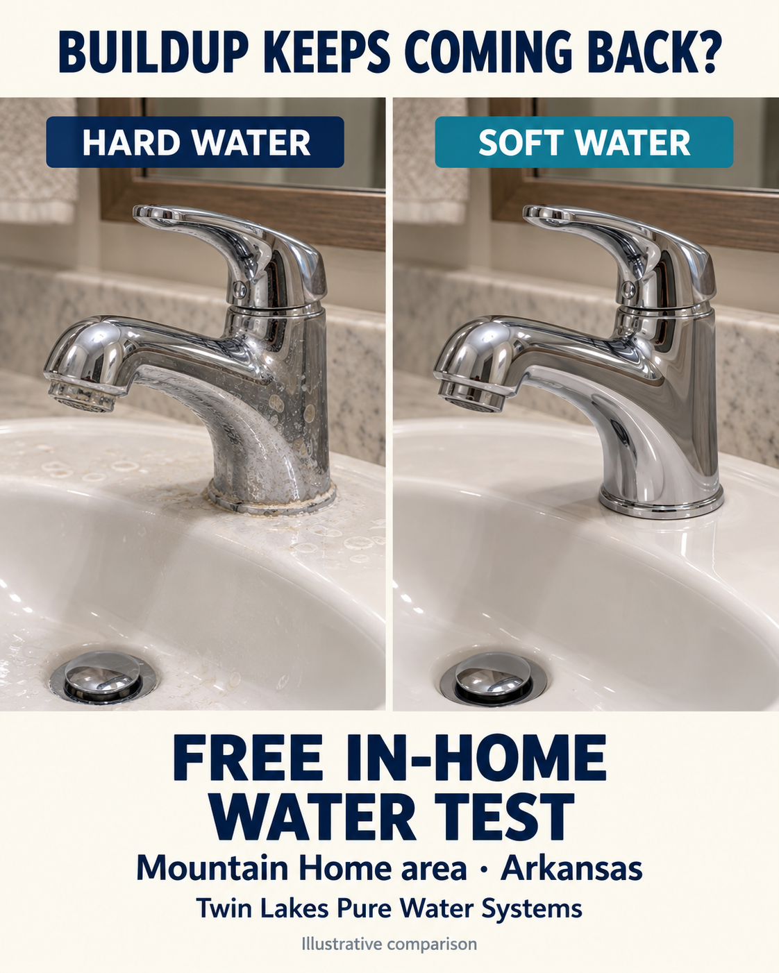 Illustrative comparison of mineral buildup and a clean faucet.