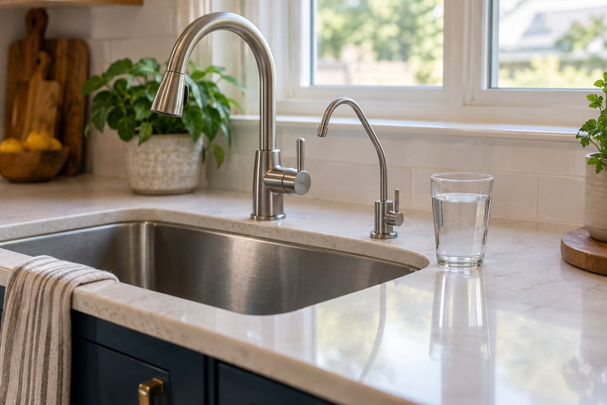 Illustration of a kitchen sink and a separate drinking-water faucet.