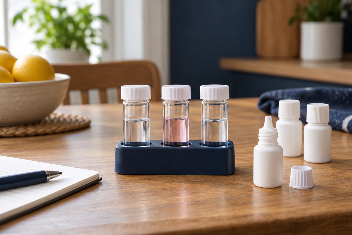 Illustration of a chemical-drop water-test kit on a kitchen table.